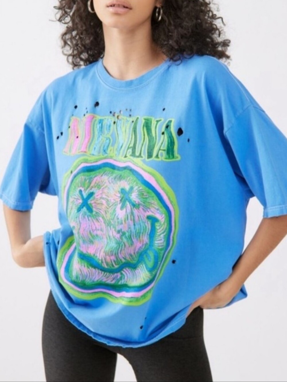 #65 NIRVANA Blue Tee with Neon Pink & Green Smiley